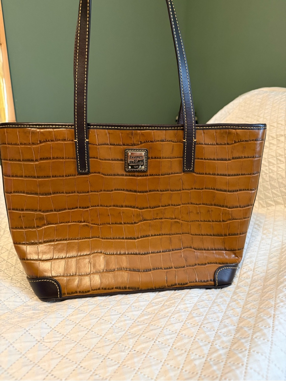 Dooney & Bourke Cognac Croc-Embossed Tote with Dark Brown Trim